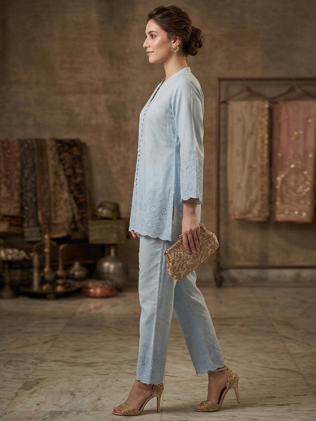 Trendy Sky Blue Pure Cotton Top and Bottom Outfit with Schiffli Pattern - Image 2