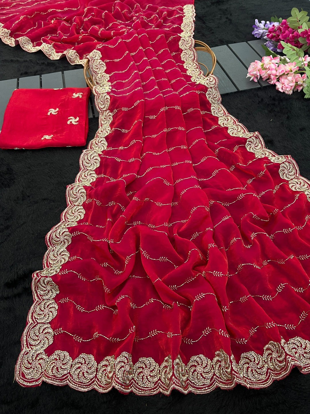 Feminine Pink Satin Saree with Sophisticated Embroidery Work - Image 2