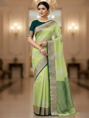 Luxurious Green Floral Sequins Embroidery Organza Saree With Intricate Weaving Jacquard Border - Image 1