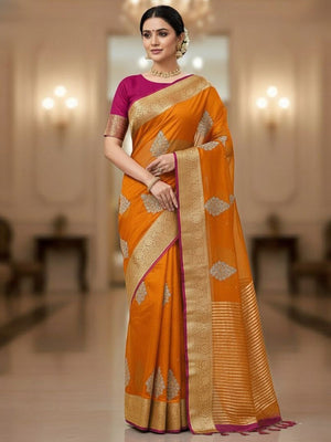 Luxurious Orange Floral Sequins Embroidery Organza Saree With Intricate Weaving Jacquard Border - Image 1