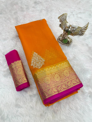 Luxurious Orange Floral Sequins Embroidery Organza Saree With Intricate Weaving Jacquard Border - Image 2