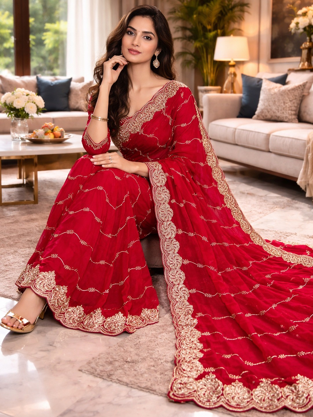 Feminine Pink Satin Saree with Sophisticated Embroidery Work - Image 1