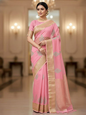 Luxurious Pink Floral Sequins Embroidery Organza Saree With Intricate Weaving Jacquard Border - Image 1