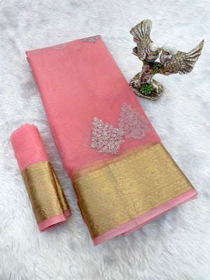 Luxurious Pink Floral Sequins Embroidery Organza Saree With Intricate Weaving Jacquard Border - Image 2