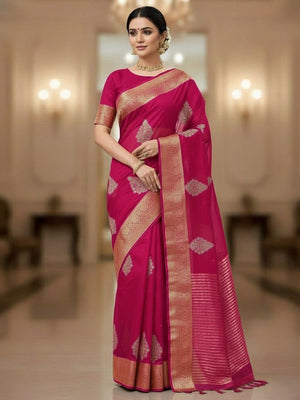 Luxurious Rani Pink Floral Sequins Embroidery Organza Saree With Intricate Weaving Jacquard Border - Image 1
