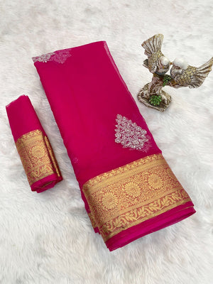 Luxurious Rani Pink Floral Sequins Embroidery Organza Saree With Intricate Weaving Jacquard Border - Image 2