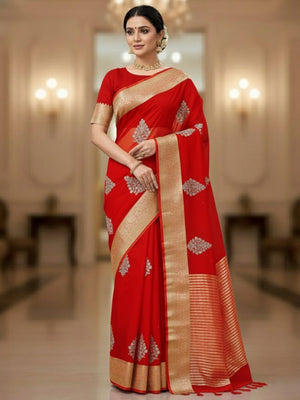 Luxurious Red Floral Sequins Embroidery Organza Saree With Intricate Weaving Jacquard Border - Image 1