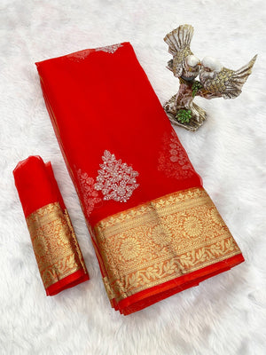 Luxurious Red Floral Sequins Embroidery Organza Saree With Intricate Weaving Jacquard Border - Image 2