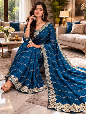 Feminine Teal Satin Saree with Sophisticated Embroidery Work - Image 1