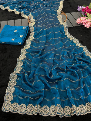 Feminine Teal Satin Saree with Sophisticated Embroidery Work - Image 2