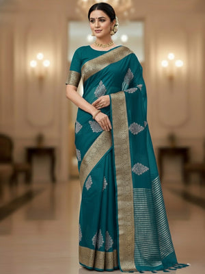 Luxurious Teal Floral Sequins Embroidery Organza Saree With Intricate Weaving Jacquard Border - Image 1