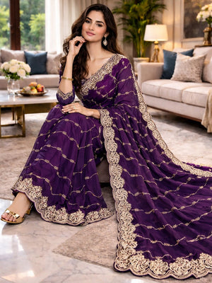 Feminine Purple Satin Saree with Sophisticated Embroidery Work - Image 1