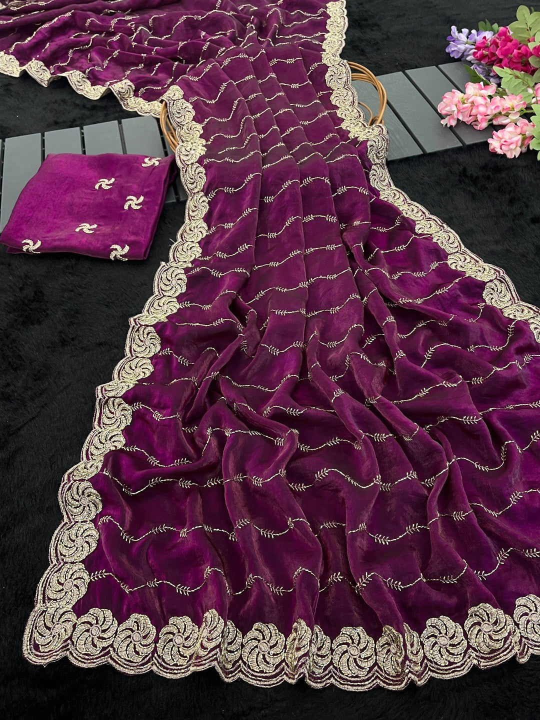 Feminine Purple Satin Saree with Sophisticated Embroidery Work - Image 2