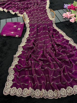 Feminine Purple Satin Saree with Sophisticated Embroidery Work - Image 2