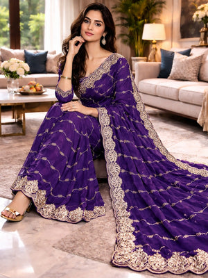 Feminine Violet Satin Saree with Sophisticated Embroidery Work - Image 1