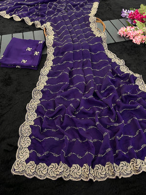 Feminine Violet Satin Saree with Sophisticated Embroidery Work - Image 2