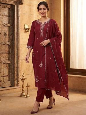 Maroon Embroidered Pure Cotton Straight Kurta Pant Set with Dupatta - Image 1