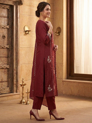 Maroon Embroidered Pure Cotton Straight Kurta Pant Set with Dupatta - Image 2
