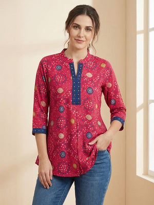 Pink Bandhani Printed Rayon A-Line Top with Mandarin Collar - Image 1