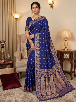 Elegant Navy Blue Art Silk Saree With Zari Woven Paisley Motifs - Image 1