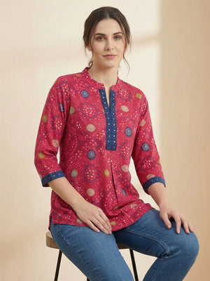 Pink Bandhani Printed Rayon A-Line Top with Mandarin Collar - Image 2