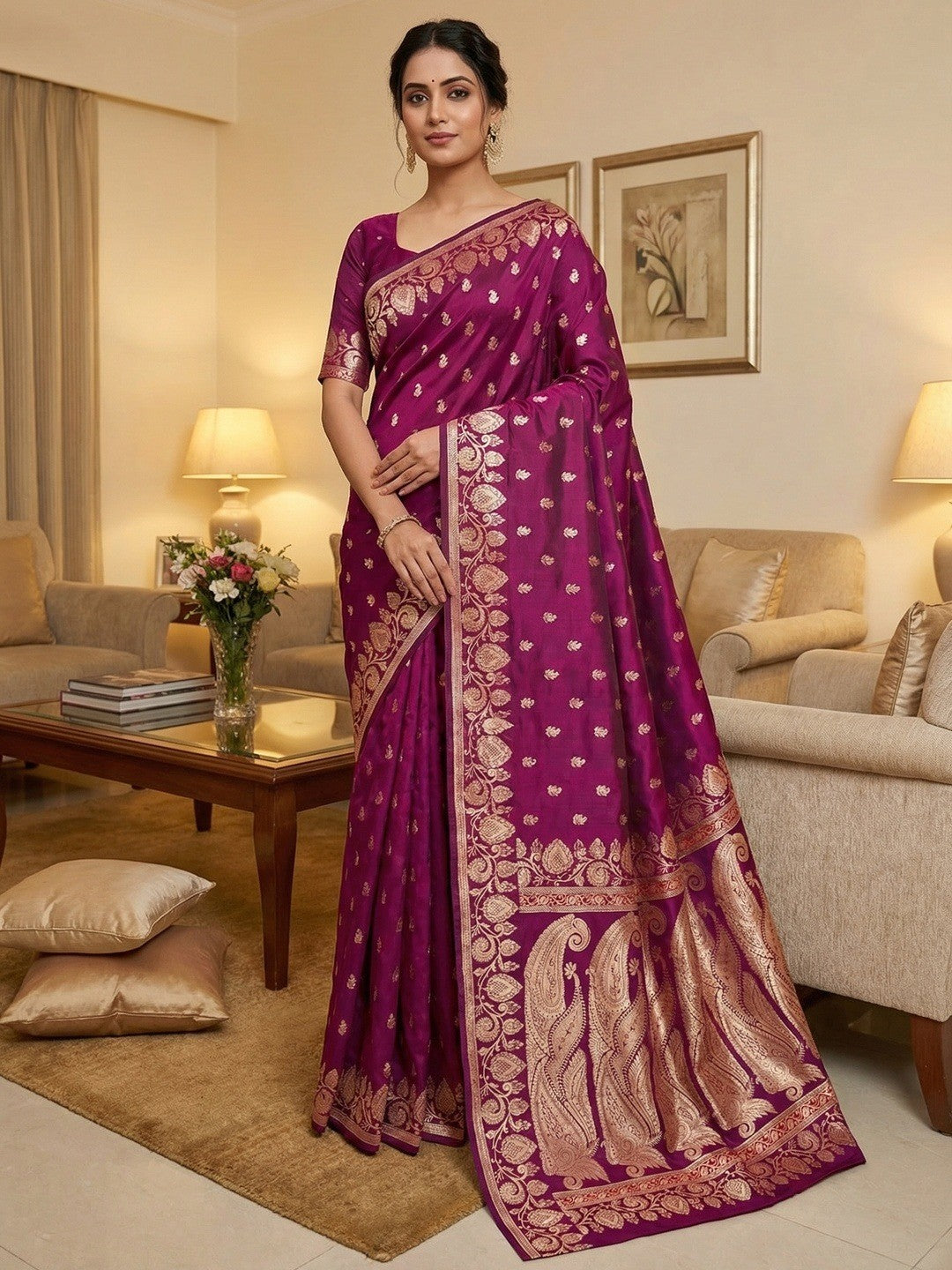 Elegant Dark Magenta Art Silk Saree With Zari Woven Paisley Motifs - Image 1
