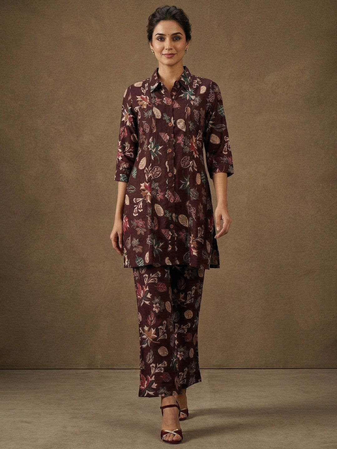 Casual Chic Wine Floral Printed Rayon Co-ord Set with Floral Patterns - Image 5