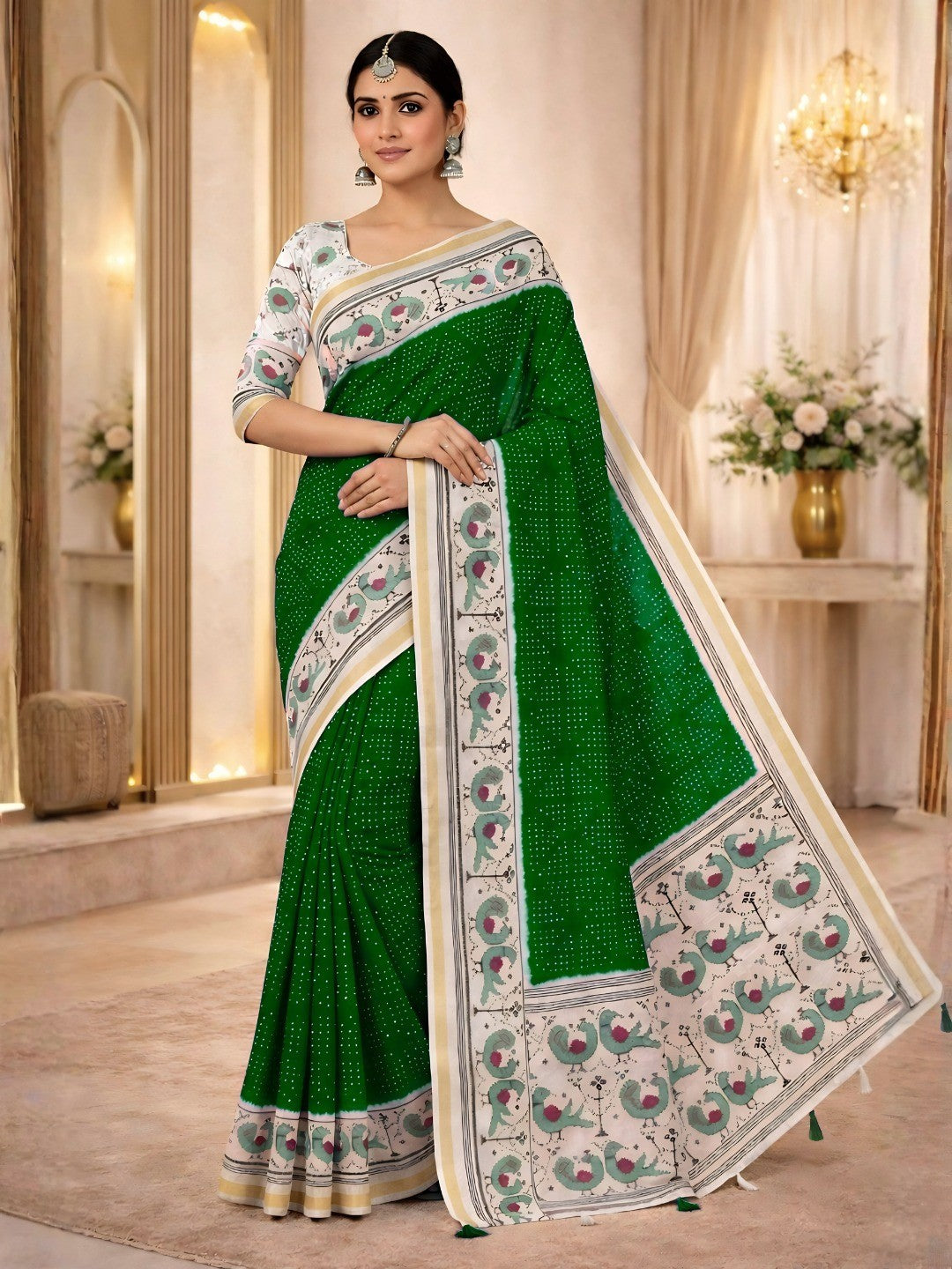 Classic Green Bandhani Printed Saree Featuring Bird Motif Pallu With Elegant Tassel Work - Image 1