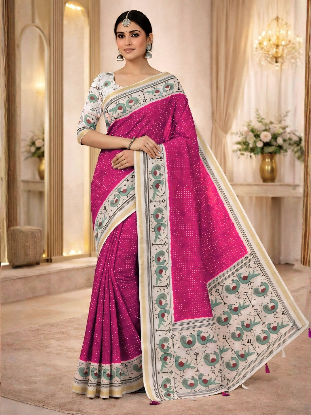Classic Pink Bandhani Printed Saree Featuring Bird Motif Pallu With Elegant Tassel Work - Image 1