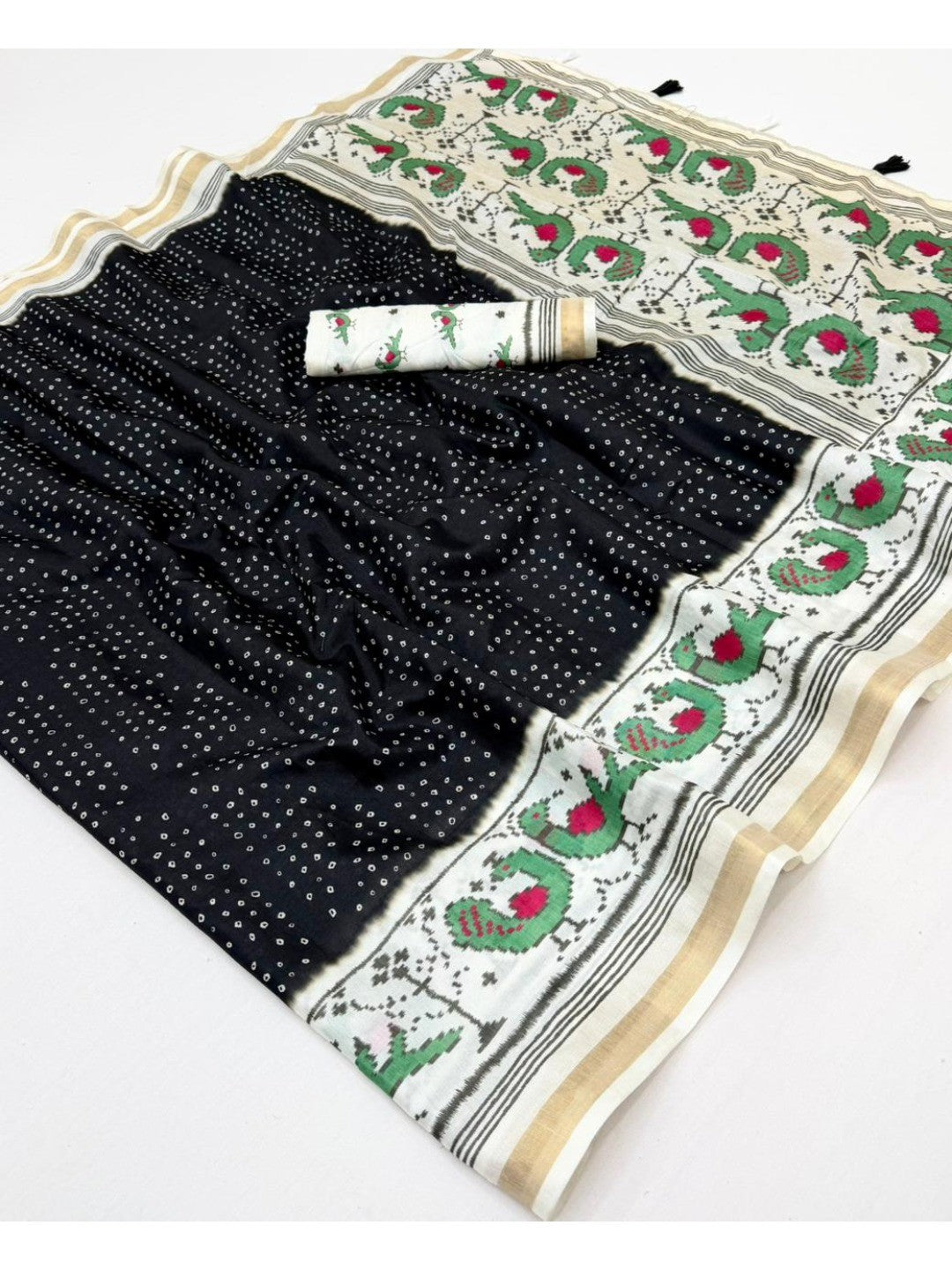 Classic Black Bandhani Printed Saree Featuring Bird Motif Pallu With Elegant Tassel Work - Image 3