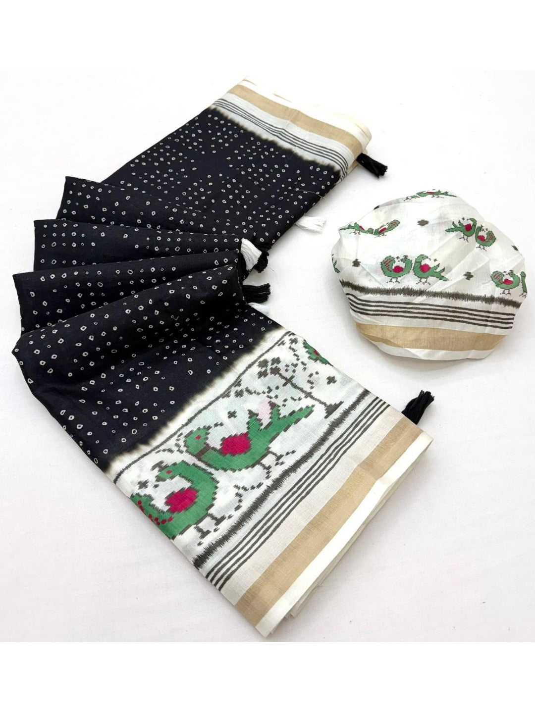 Classic Black Bandhani Printed Saree Featuring Bird Motif Pallu With Elegant Tassel Work - Image 2