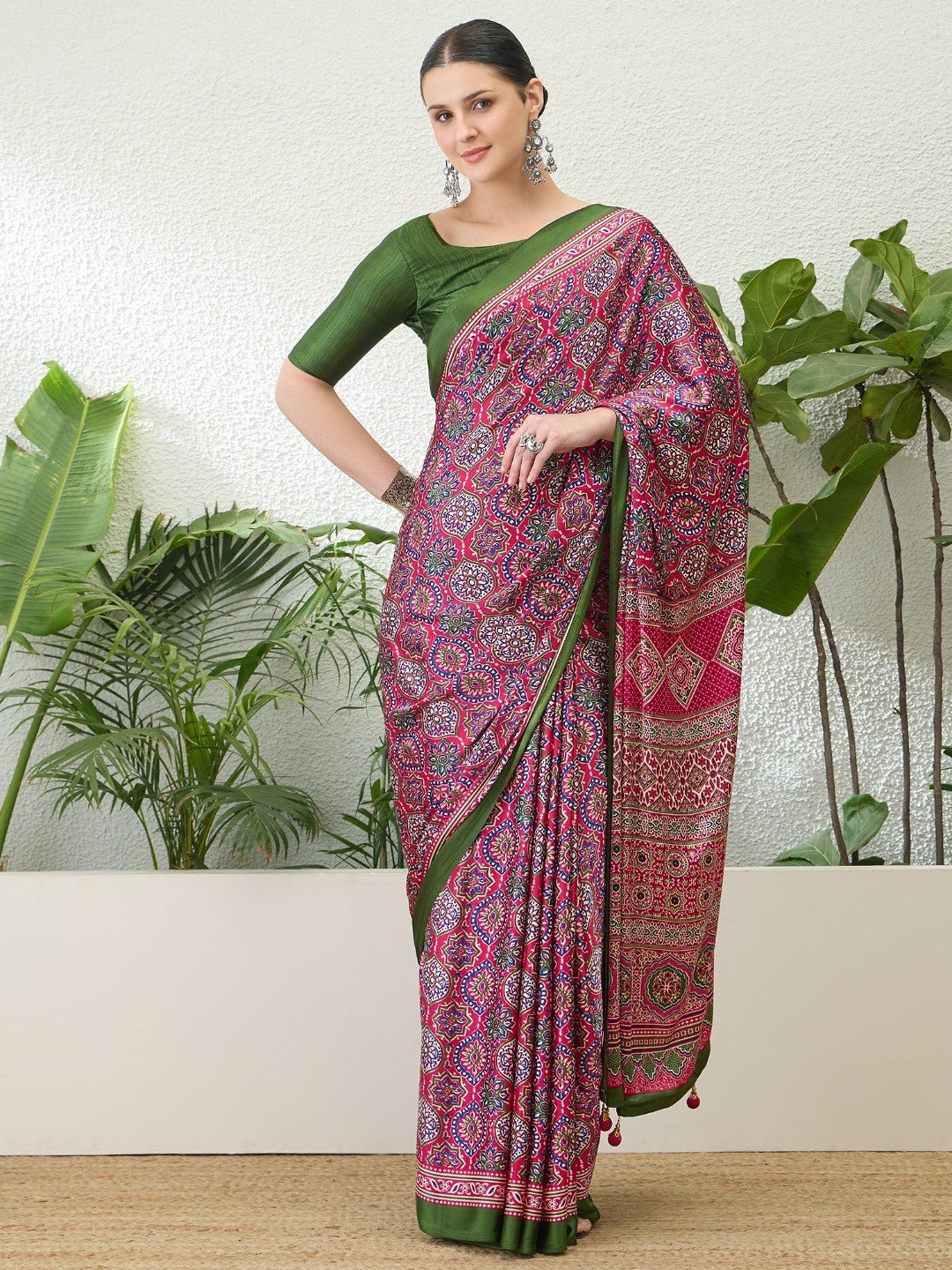 Sophisticated Pink Floral Print Satin Saree With Ethnic Latkan Pallu - Image 1