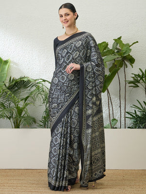 Sophisticated Black Floral Print Satin Saree With Ethnic Latkan Pallu - Image 1