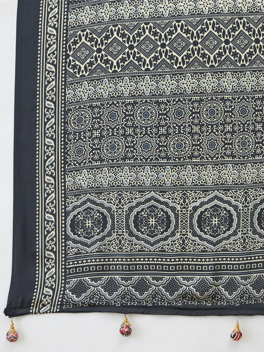 Sophisticated Black Floral Print Satin Saree With Ethnic Latkan Pallu - Image 2