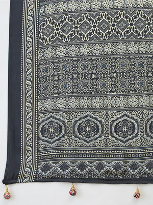 Sophisticated Black Floral Print Satin Saree With Ethnic Latkan Pallu - Image 2