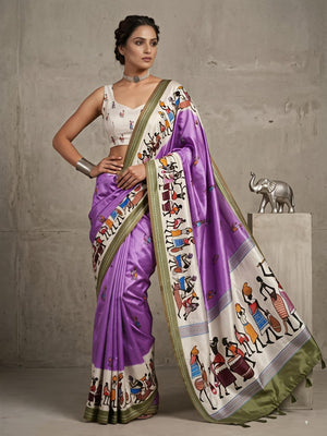 Charming Lavender Warli Print Mulmul Cotton Saree Designed With Beautiful Border Work - Image 1