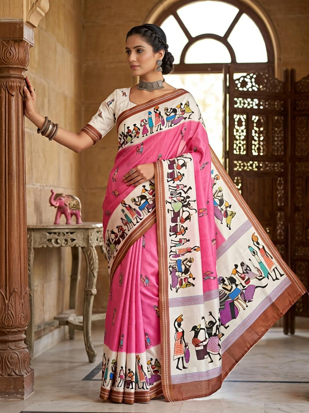 Charming Pink Warli Print Mulmul Cotton Saree Designed With Beautiful Border Work - Image 1