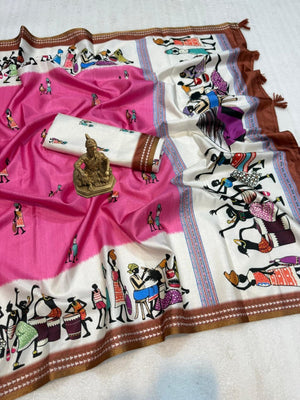 Charming Pink Warli Print Mulmul Cotton Saree Designed With Beautiful Border Work - Image 2