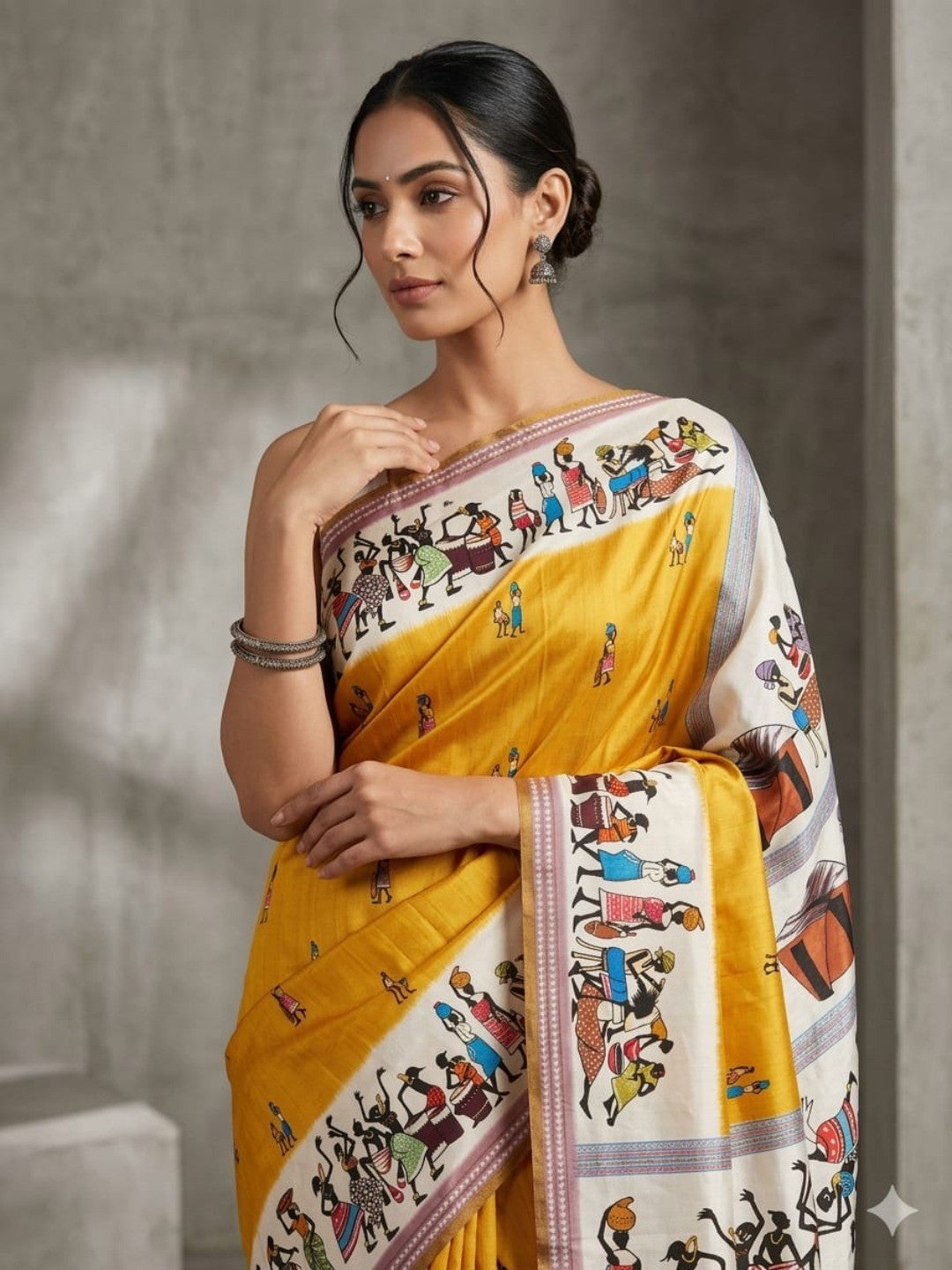 Mustard Mulmul Cotton Saree with Traditional Motif Print - Image 3