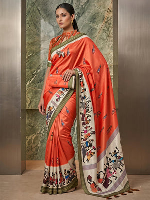 Charming Bright Red Warli Print Mulmul Cotton Saree Designed With Beautiful Border Work - Image 1