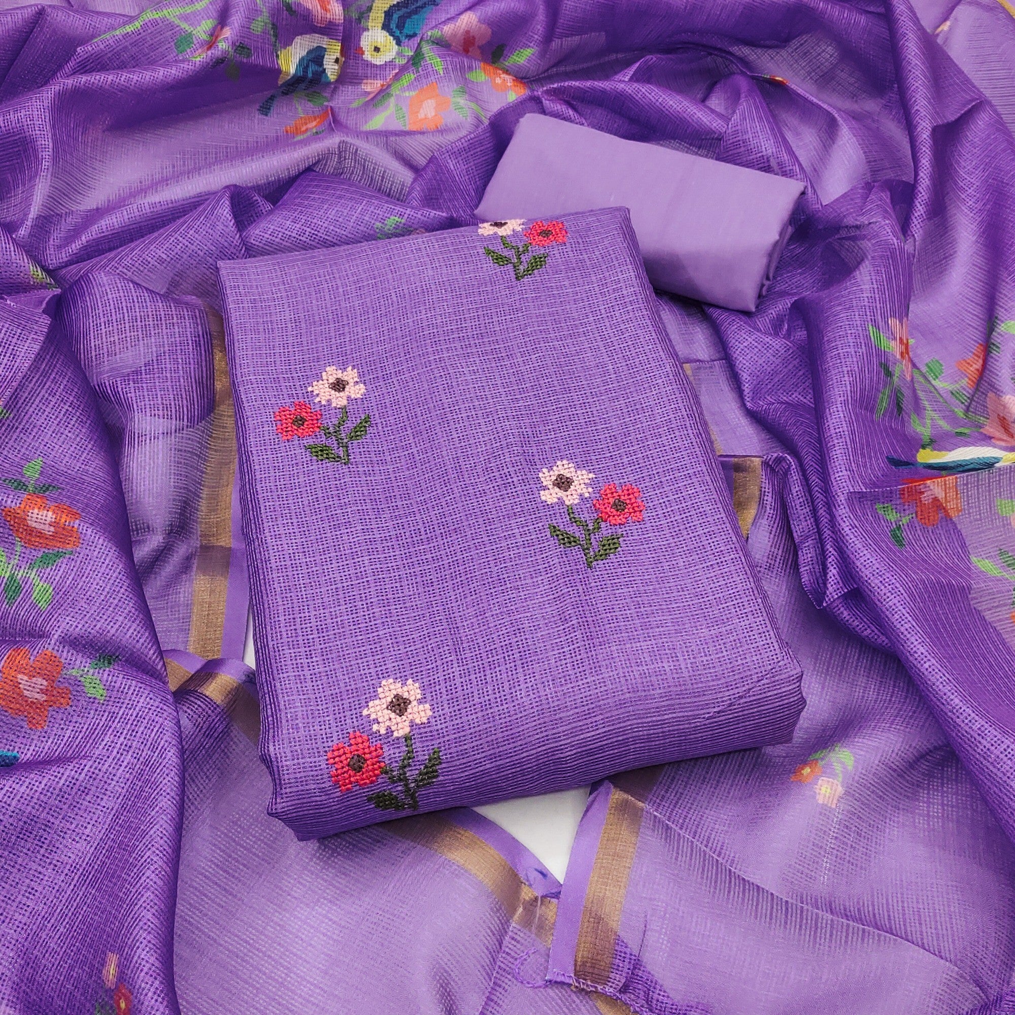 Lavender Kota Doria Unstitched Suit Set with Floral Embroidery - Image 2