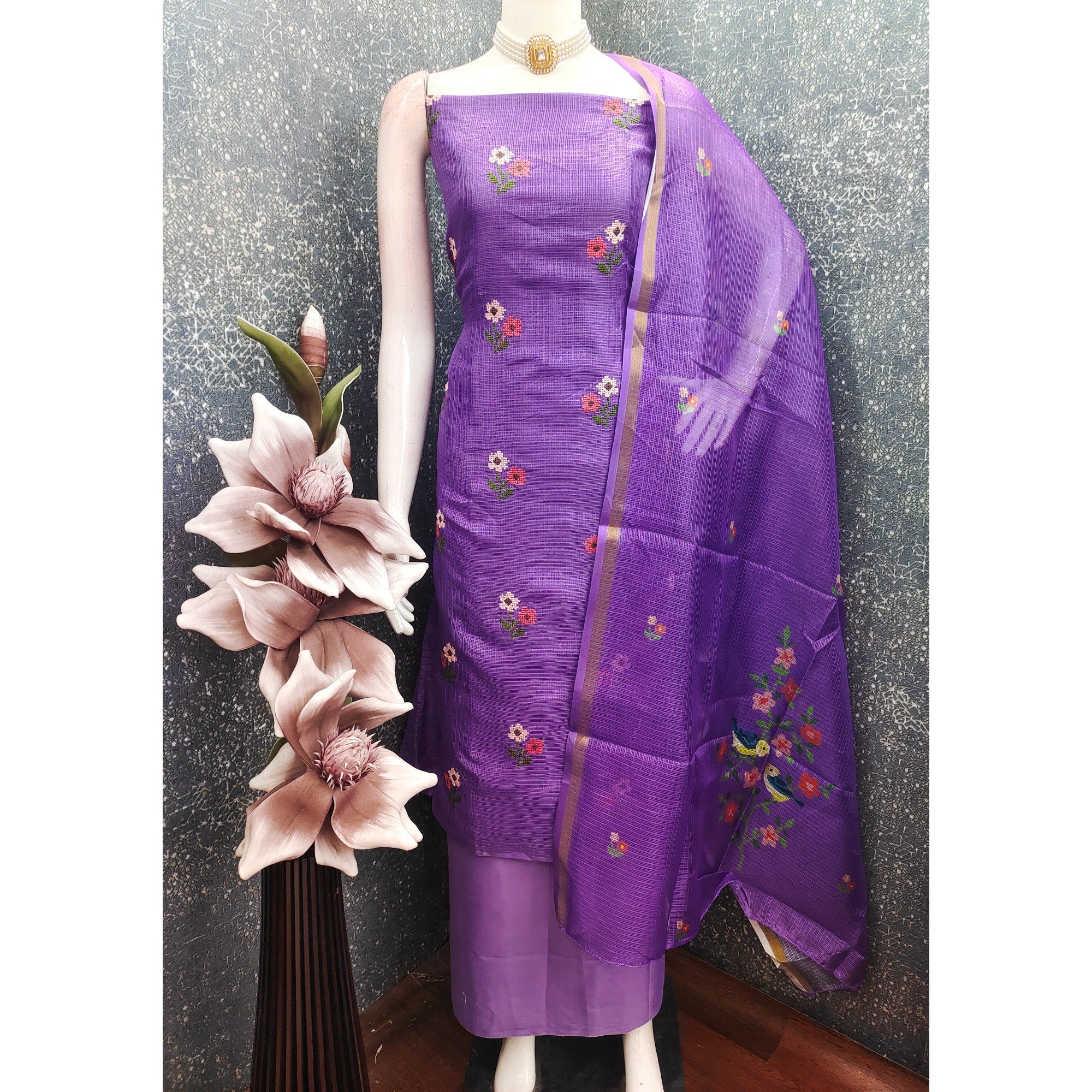 Lavender Kota Doria Unstitched Suit Set with Floral Embroidery - Image 4