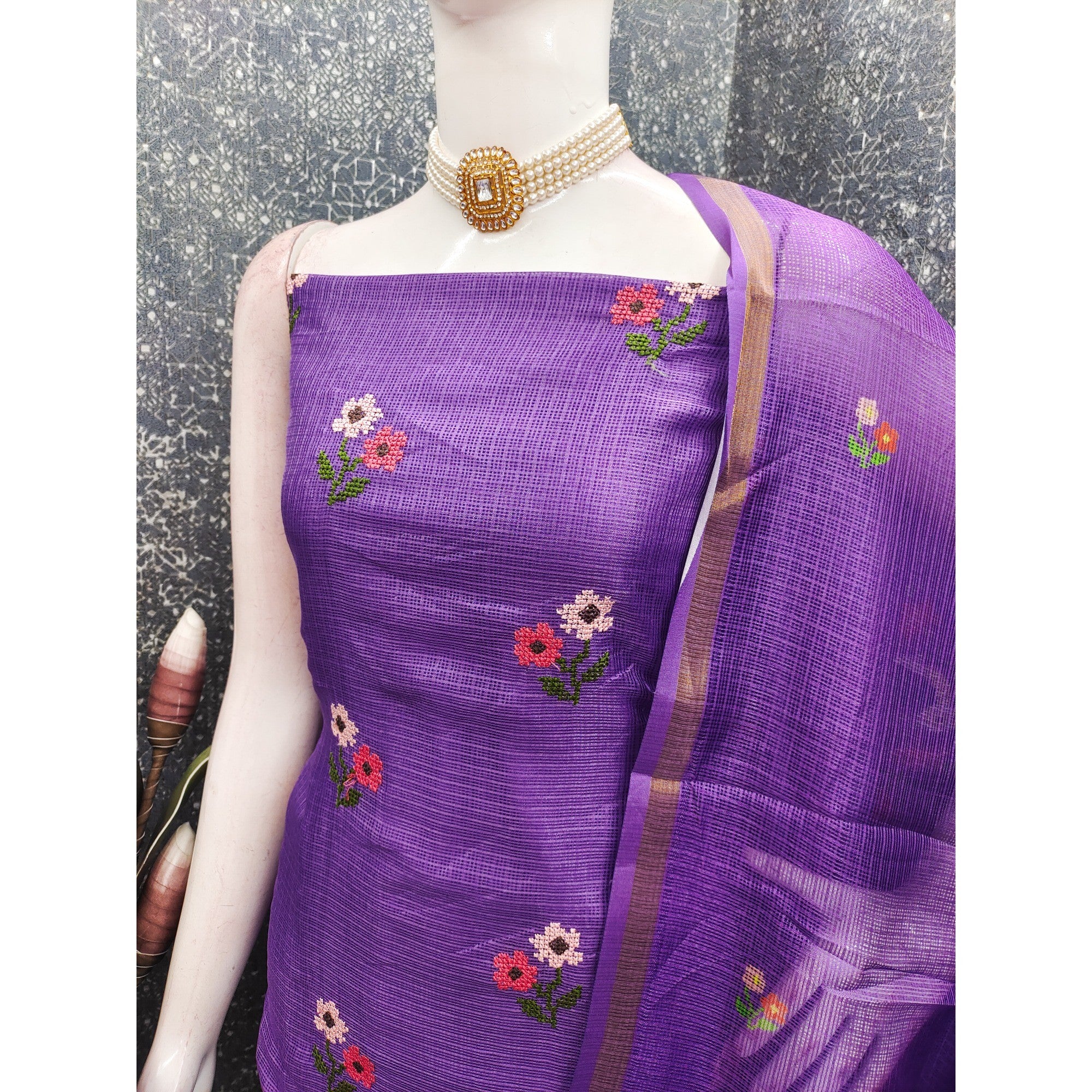 Lavender Kota Doria Unstitched Suit Set with Floral Embroidery - Image 3