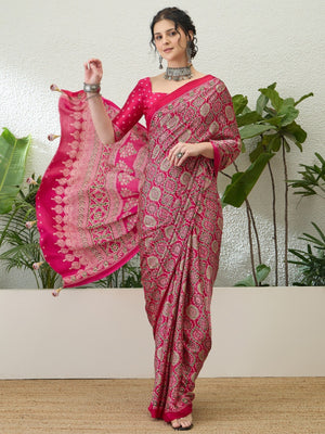 Charming Pink Floral Printed Satin Saree Beautified With Decorative Latkan Pallu - Image 1