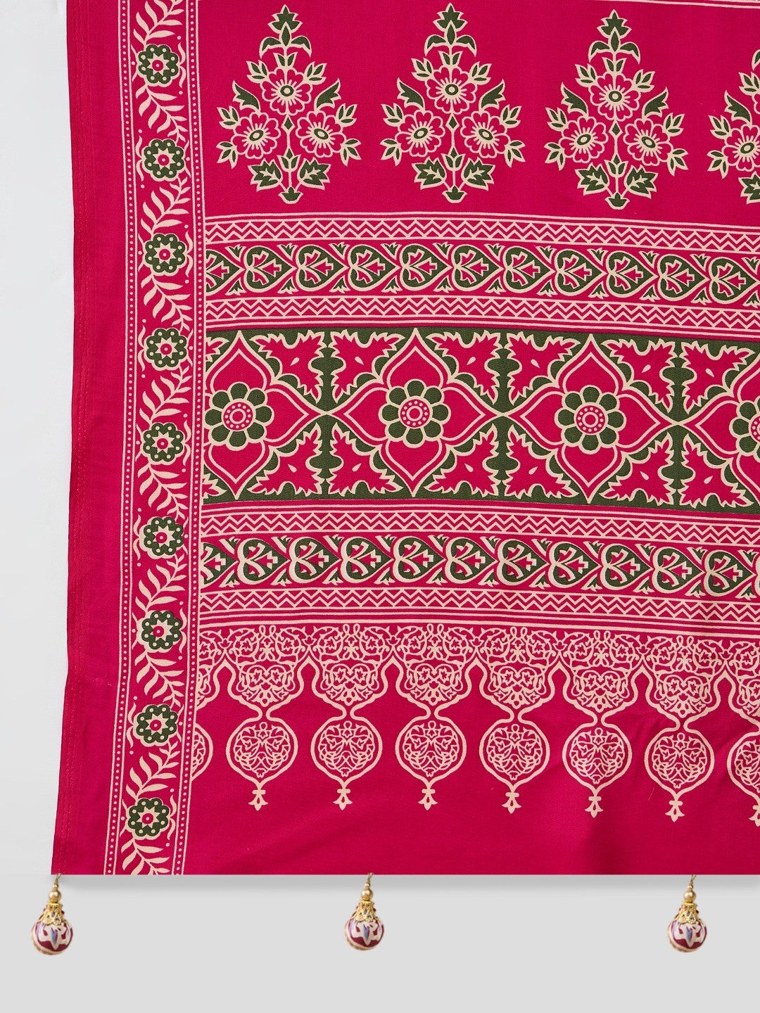 Charming Pink Floral Printed Satin Saree Beautified With Decorative Latkan Pallu - Image 2
