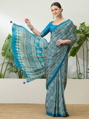 Charming Teal Blue Floral Printed Satin Saree Beautified With Decorative Latkan Pallu - Image 1