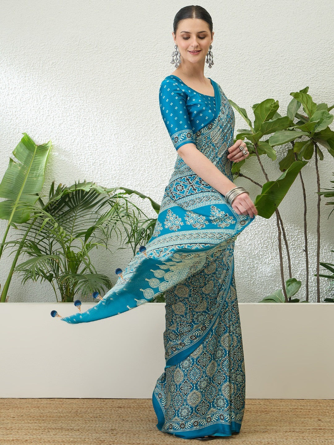 Charming Teal Blue Floral Printed Satin Saree Beautified With Decorative Latkan Pallu - Image 6