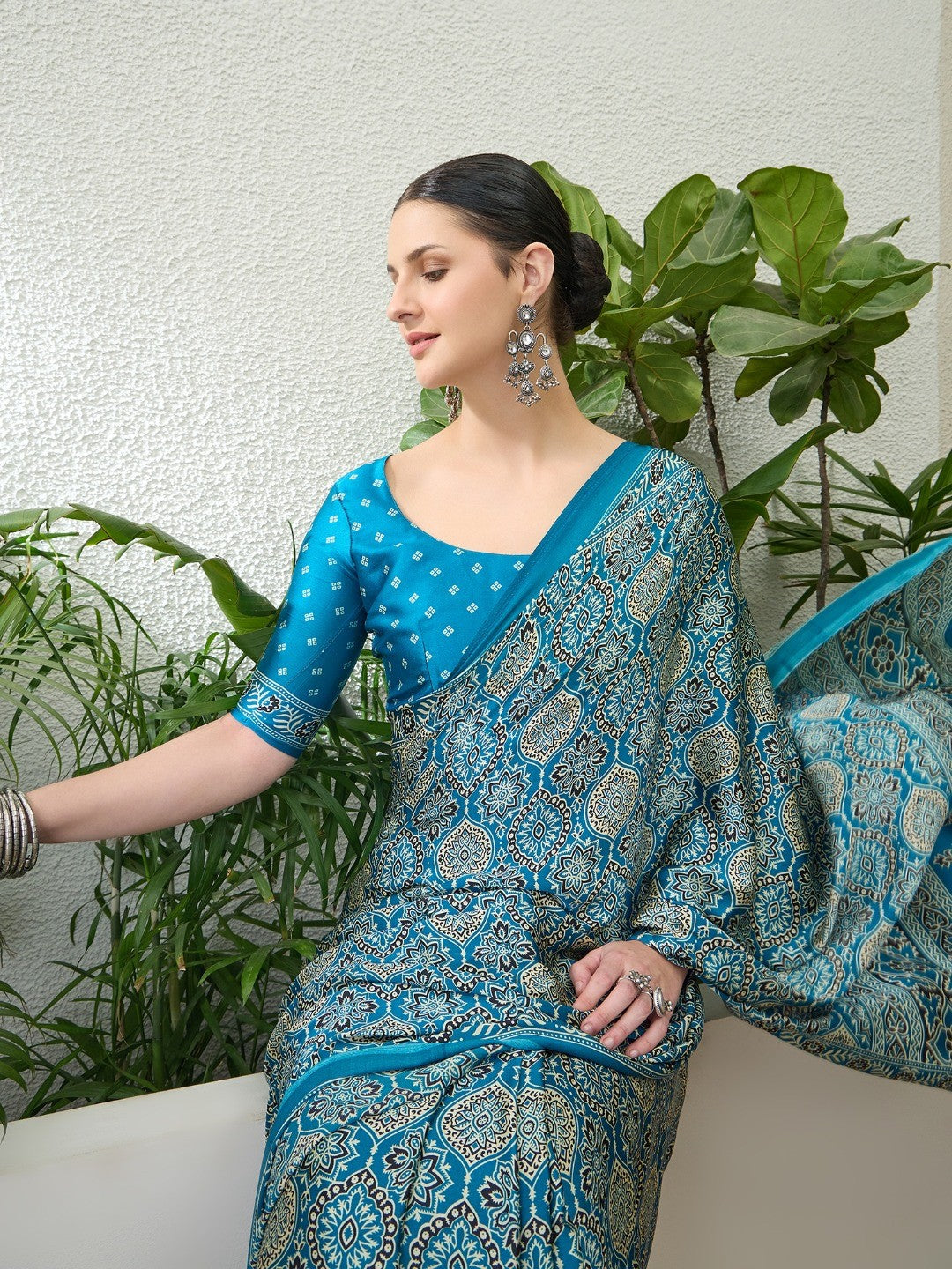 Charming Teal Blue Floral Printed Satin Saree Beautified With Decorative Latkan Pallu - Image 3