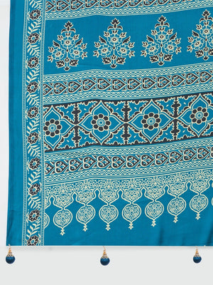 Charming Teal Blue Floral Printed Satin Saree Beautified With Decorative Latkan Pallu - Image 2