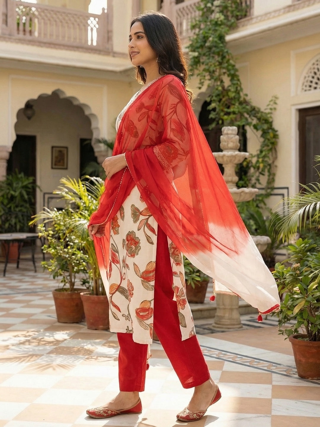 White Floral Printed Viscose Kurta with Straight Pant Set - Image 2